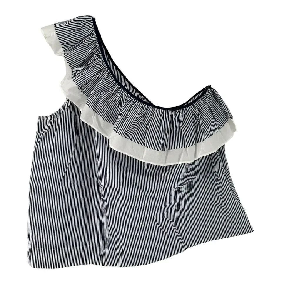 J Crew One Shoulder Ruffle Top Size 16 Nautical Preppy Beach Navy Blue Striped